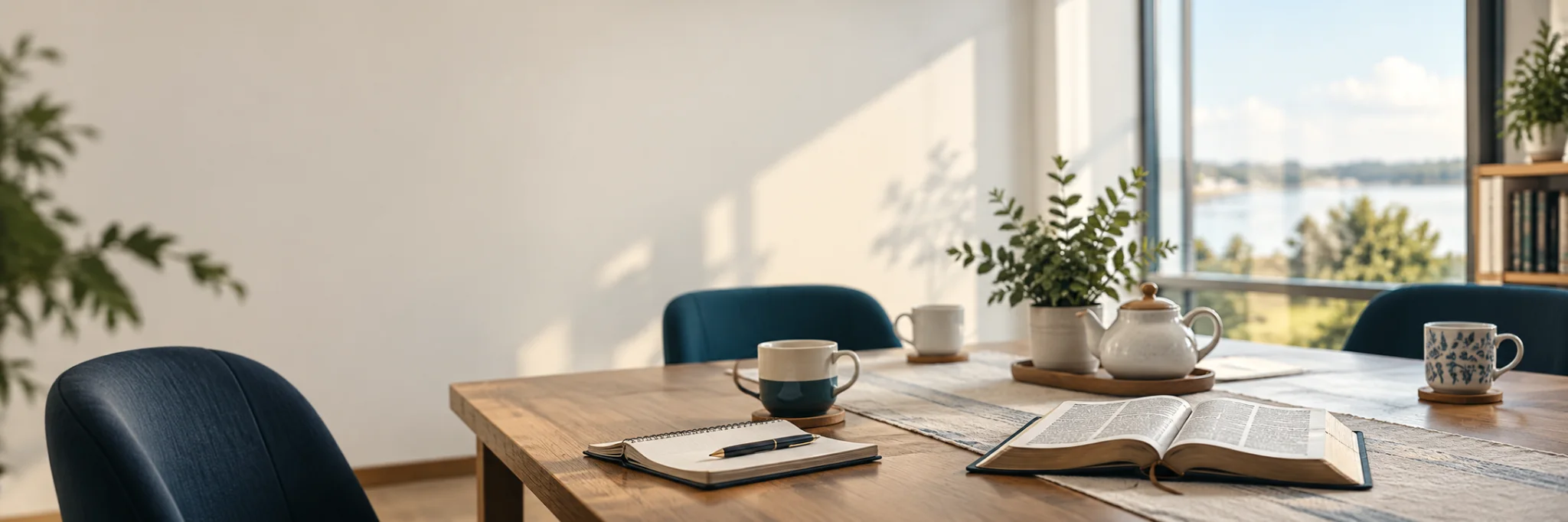 An inviting table with tea, an open Bible, notebooks, and chairs overlooking the Wilmington waterfront